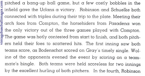 Text from the 1937 PCC yearbook baseball section mentioning a young Jackie Robinson's performance
